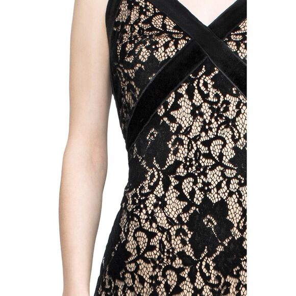 NWT Tadashi Shoji Coco Dress Velvet Lace Black Nude Halter Sheath Sz 0 - Picture 3 of 12